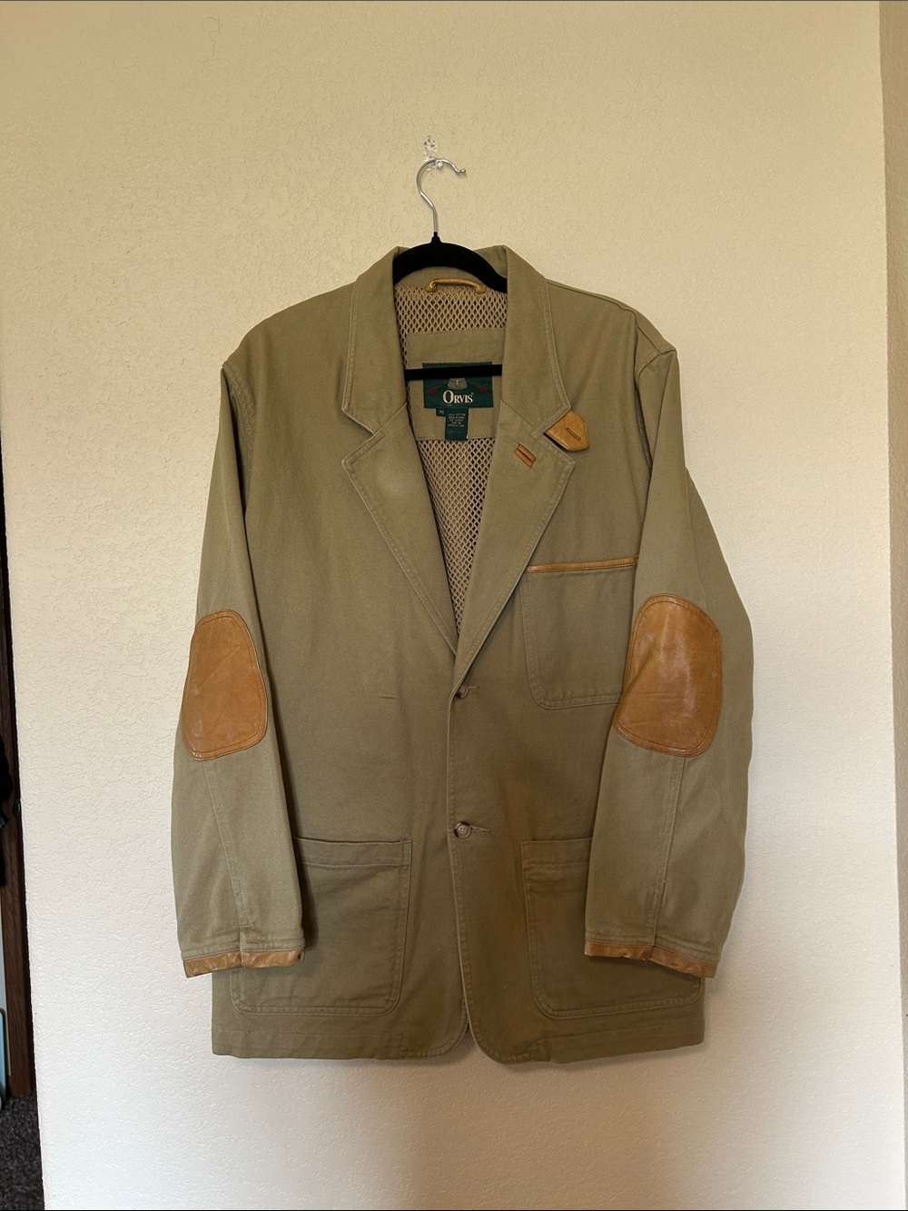 Orvis Vintage Zambezi Safari Field Jacket Khaki Leather Elbow Patches M Canvas